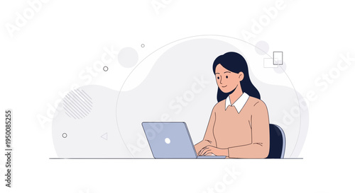 Young woman working on laptop at desk, modern flat illustration, online education, remote work