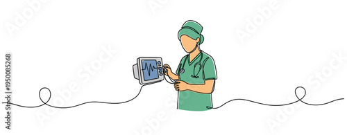 Nurse checking heart rate monitor in clinical setting. no editable strokes