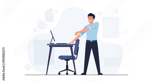 Man stretching at office desk, healthy work break, ergonomic workspace, modern office