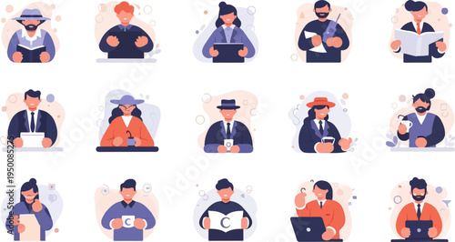 Diverse individuals in professional attire engage in various activities, including reading, working, and drinking