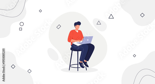 Man working on laptop on stool, abstract background with geometric shapes