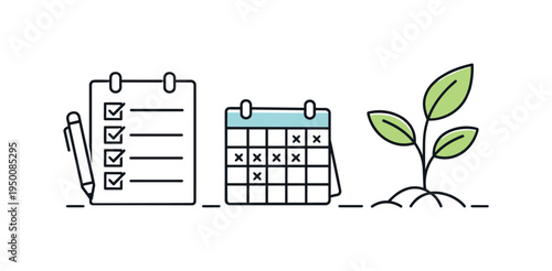 Daily habit tracking and consistent personal improvement through organized routines, a simple checklist placed beside a small calendar and a growing leaf forming a clear visual