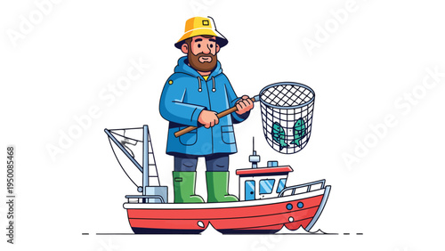 Fishing Expedition: An illustrated fisherman stands on his boat, casting a fishing net into the water, and capturing the essence of the sea and the catch.