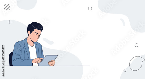 Man in Blue Suit Using Tablet at Desk, Minimalist Business Illustration