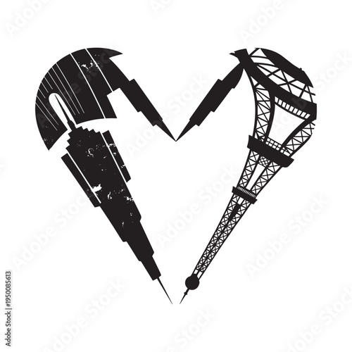 A striking black and white heart shaped illustration featuring iconic parisian landmarks including the eiffel tower