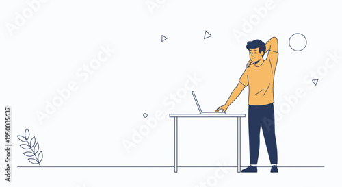 Man stretching at desk with laptop, minimalist illustration, work break, office concept