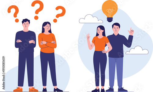 Problem solving and idea concept, confused people finding solution inspiration light bulb creativity illustration