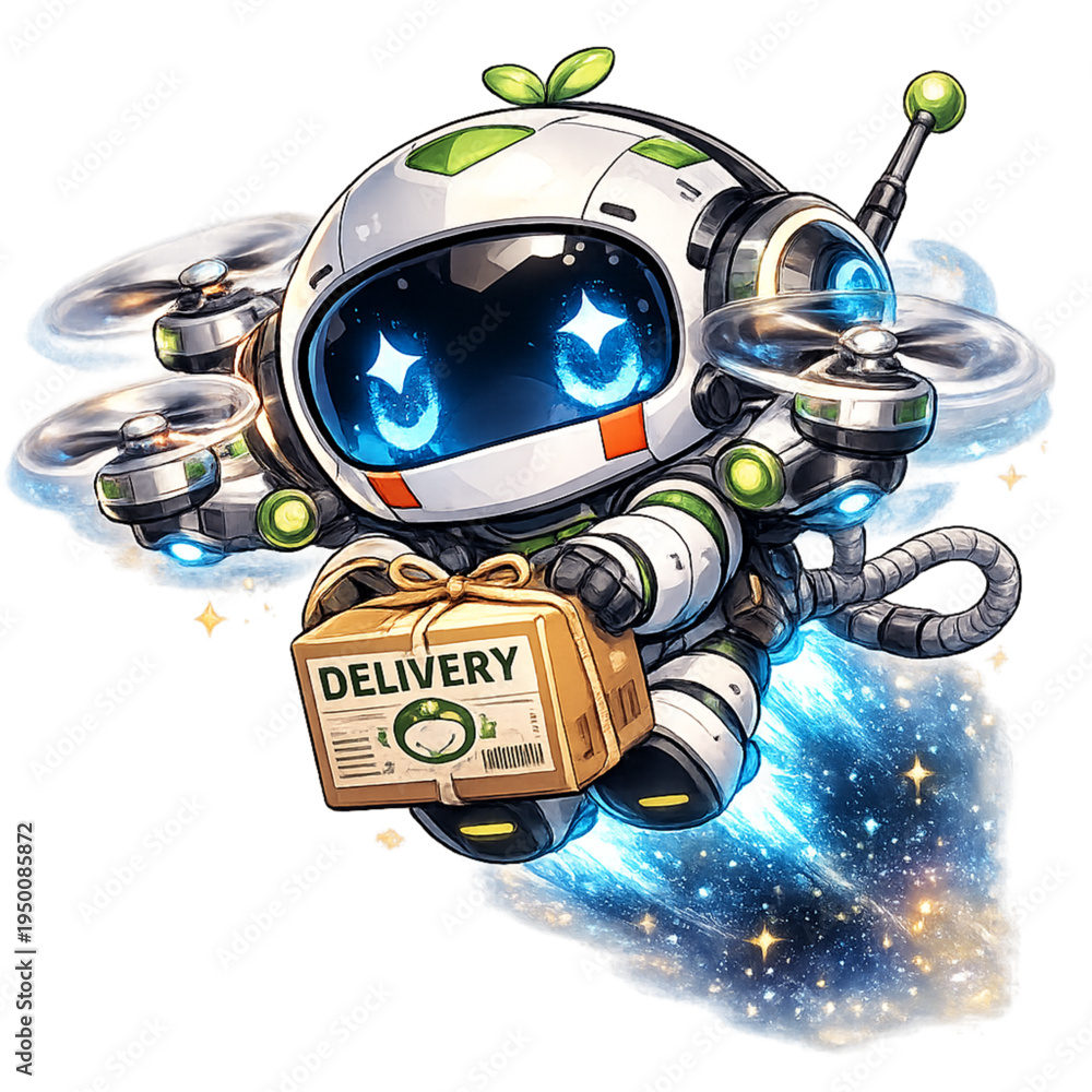 Fototapeta premium chibi delivery robot with package, cute delivery robot illustration, kawaii robot courier art, adorable chibi robot holding box, cartoon delivery robot mascot, futuristic robot courier graphic, playfu
