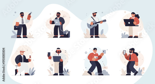 Diverse individuals engaged in various modern activities, from tech to music