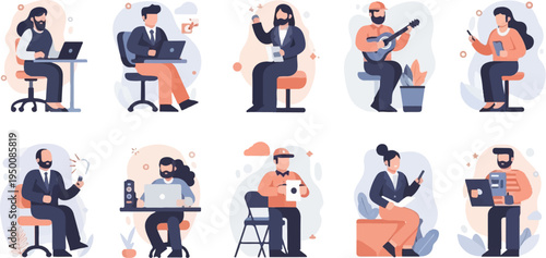 Diverse individuals engaged in various modern activities, from work to leisure and music