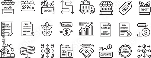 Agricultural business management and farm insurance icon set with crop agreements and finance