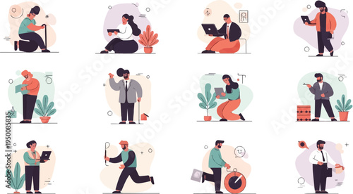 Diverse individuals engaged in various modern activities, illustration style