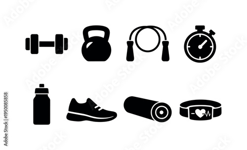 Fitness training equipment: dumbbell, kettlebell, skipping rope, stopwatch timer, water bottle, running shoe, yoga mat, heart rate tracker