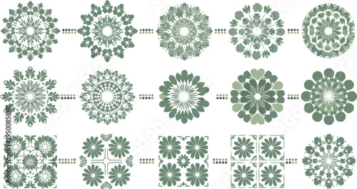 Decorative floral mandala pattern collection with symmetrical botanical ornaments, vintage flower shapes and radial nature motifs, elegant ornamental vector design set for backgrounds