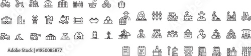 Agriculture and farming line icons farmer, tractor, barn, safety first, farm equipment
