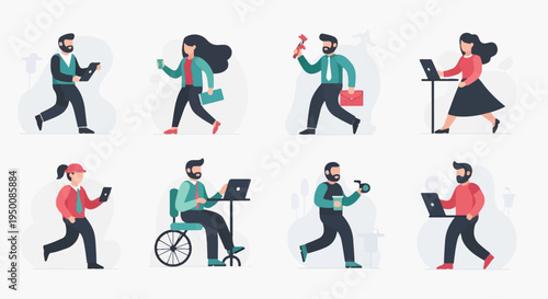 Diverse individuals engaged in various modern activities, including work and leisure