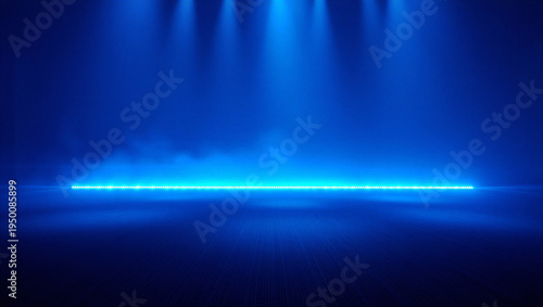 Futuristic blue stage with bright lights and smoke effects