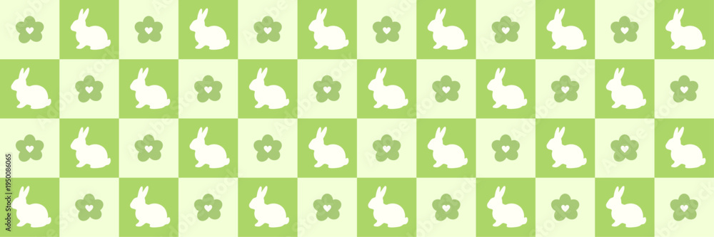 Naklejka premium Easter Checkerboard Seamless Pattern with Bunny and Flowers. Pastel green checkered background. Plaid pattern print for wrapping paper. Simple design rabbit. Vector illustration wallpaper