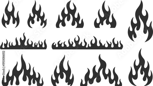 Fire flames silhouette vector set, black burning blaze and horizontal border element for racing design
