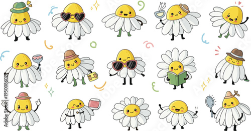 Cute daisy flower cartoon character collection with funny expressions and accessories like sunglasses, hats, coffee and book, adorable kawaii floral mascot vector illustration set