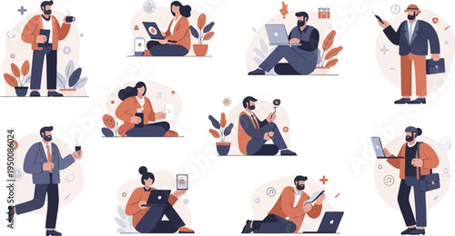 Diverse individuals engaged in various digital activities with beverages and plants