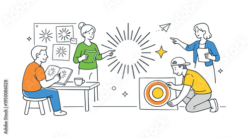 A creative layout development moment where artists explore radial decorative shapes for branding, posters, and visual storytelling graphics, visual metaphor of a bold radial burst