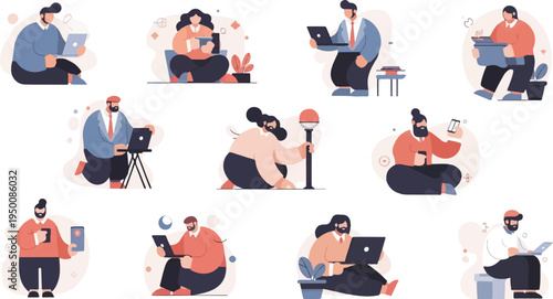 Diverse individuals engaged in various digital activities, utilizing laptops and phones