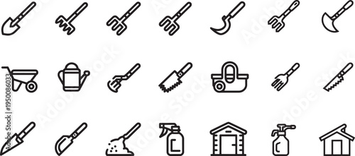 Farm and garden tools line icons for agriculture planting and cultivation vector set