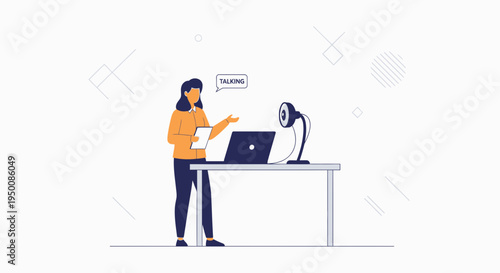 Woman Presenting Online with Laptop, Microphone, and Tablet