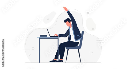 Businessman stretching at desk, working on laptop, healthy office lifestyle