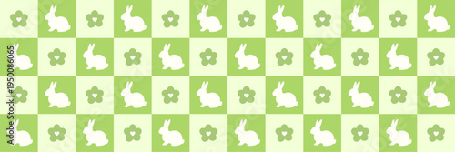 Easter Checkerboard Seamless Pattern with Bunny and Flowers. Pastel green checkered background. Plaid pattern print for wrapping paper. Simple design rabbit. Vector illustration wallpaper