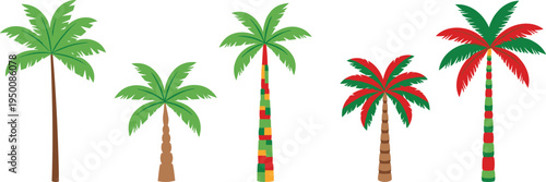 Vector illustration set of stylized palm trees featuring colorful trunks, tropical leaves, festive designs, exotic nature, and summer icons.