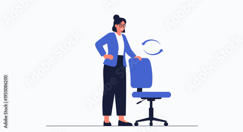 Businesswoman standing next to office chair with rotation arrows, symbolizing change or rotation.
