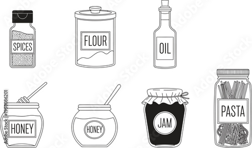 Set of kitchen pantry food containers and jars featuring spices flour oil honey jam and pasta in a minimalist line art vector design isolated on white background