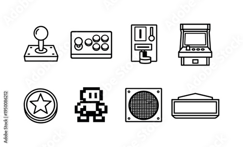 Retro arcade gaming: arcade joystick, arcade button panel, coin slot machine, CRT screen cabinet, game token, pixelated game character, speaker grille, arcade marquee sign