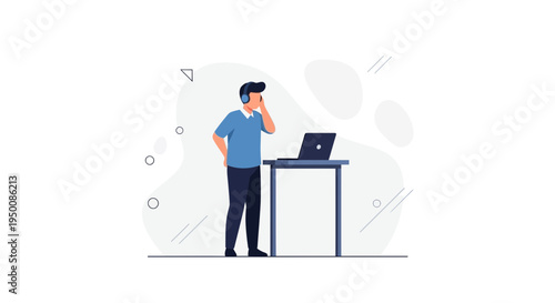 Man with headphones working on laptop at desk, modern flat illustration