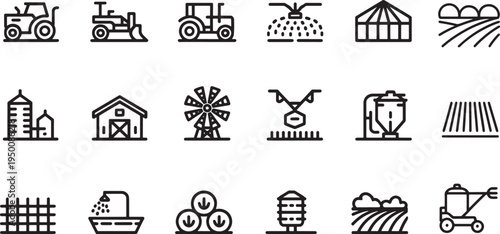 Farming equipment and rural landscape architecture icons set for cultivation and land management