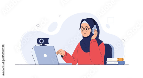 Muslim Woman in Hijab with Headphones and Laptop for Online Learning or Remote Work