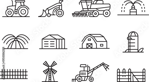 Heavy duty agricultural machinery and farm building icons for crop harvesting and field maintenance