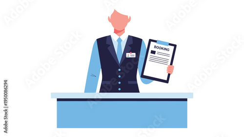 The Welcoming Hotel Receptionist: A professional hotel receptionist, impeccably dressed, extends a warm welcome while holding a booking document. This image represents the hospitality and service.
