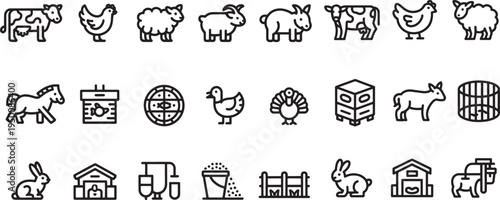 Livestock farming and animal husbandry icon collection featuring various domestic farm animals