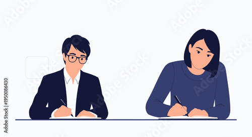 Two students taking a test, one wearing glasses and a suit, the other a blue sweater.