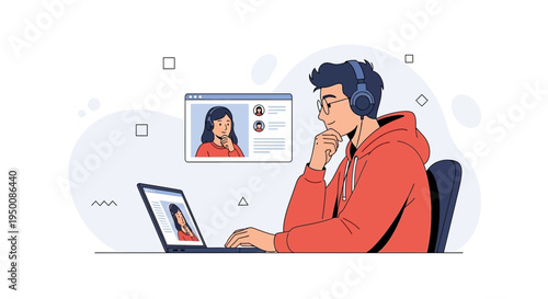 Man on Video Call with Headphones and Laptop, Online Communication Concept