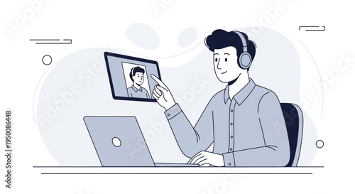 Man in Headphones Video Calling on Tablet with Laptop Nearby