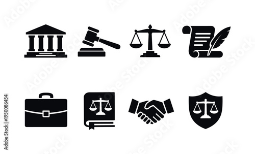 Legal and law services: courthouse building, judge gavel, justice balance scale, legal document scroll, lawyer briefcase, law book, contract handshake, legal shield emblem