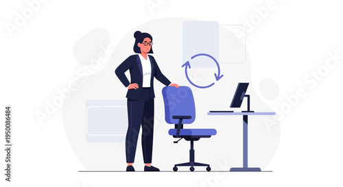 Businesswoman in office with chair and desk, symbolizing workflow and productivity