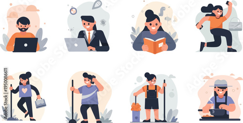 Diverse individuals engaged in various daily activities, from work to leisure and chores