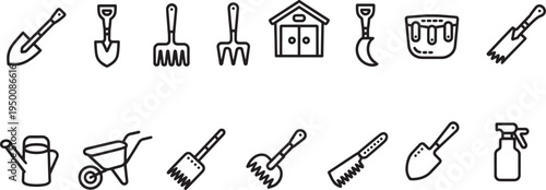 Set of black line icons on transparent background, garden tools, farming, agriculture, cultivation