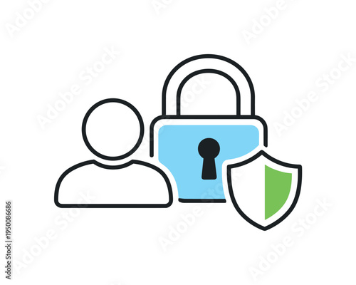 Secure online identity verification and protected access to digital services in everyday internet use, a user profile icon beside a padlock and a small shield forming a simple