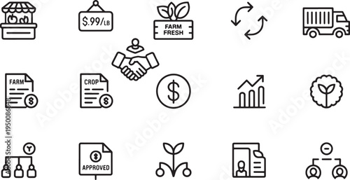 Sustainable agriculture and farm business icon set including organic market and trade symbols